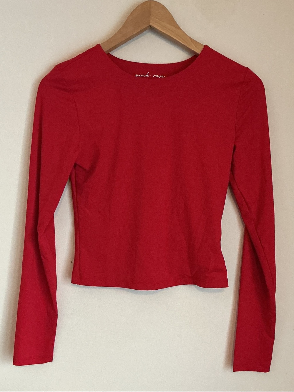 Pink Rose Red Long-Sleeve Slim Crewneck Top